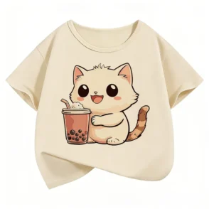 Cute Sipping Cat Kids’ Summer T-Shirt